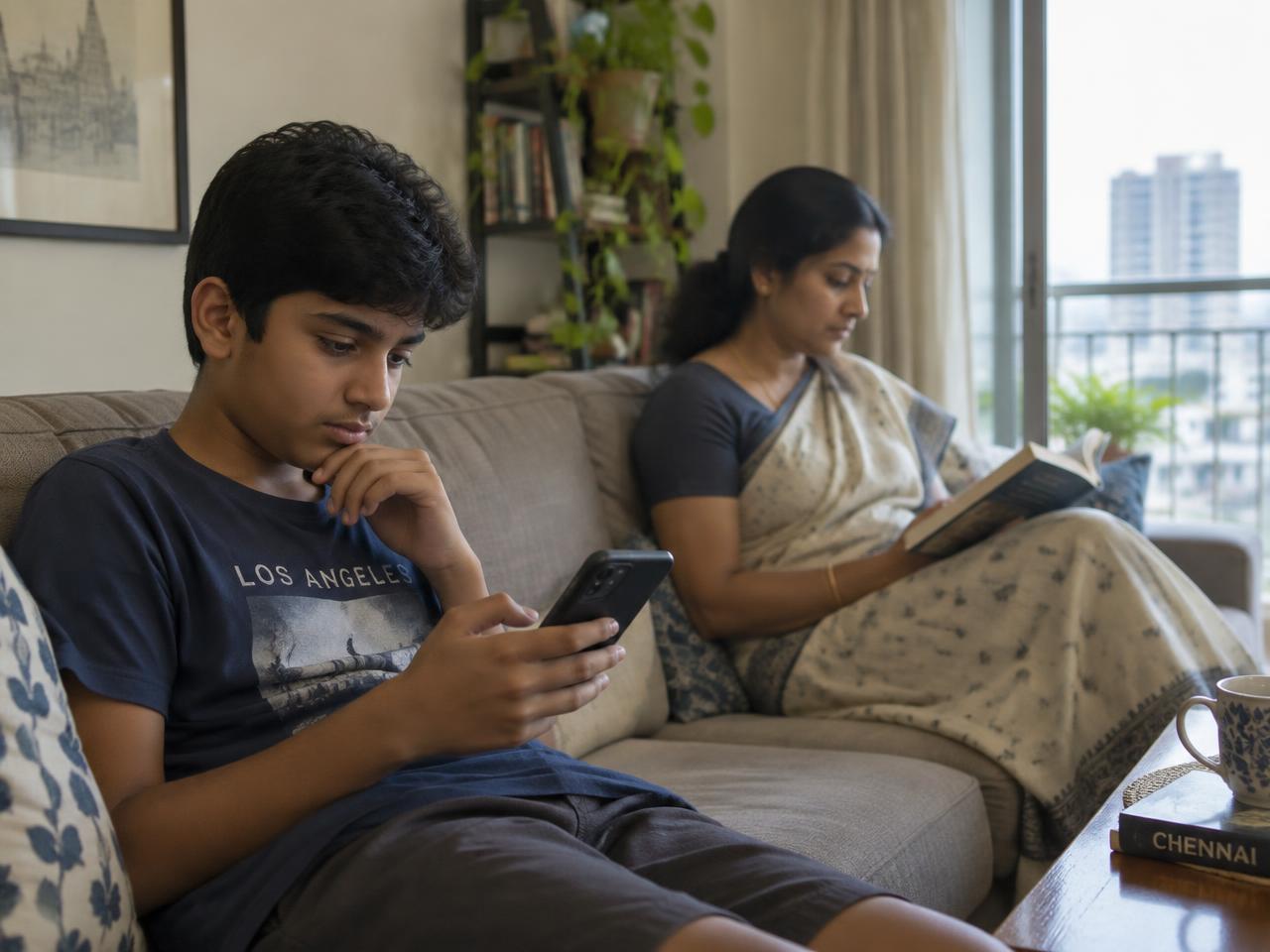 A teenage boy using his phone on the sofa while his mother reads nearby